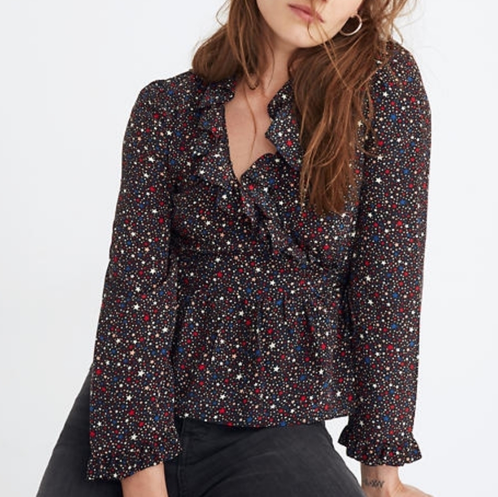 Madewell Starry Night Silk Ruffle Tie Top Size S